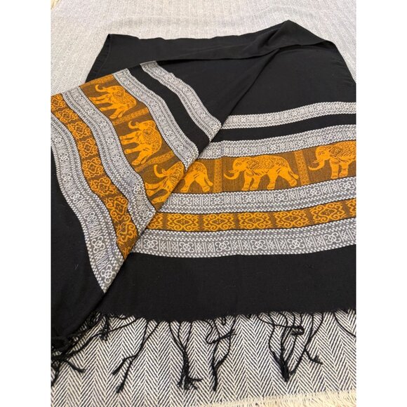 Elephant-Themed Black & Orange Shawl Scarf or Throw With Fringe - Picture 3 of 9